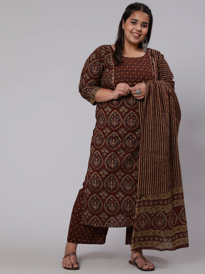 Plus Size Women Brown Printed Pure Cotton Kurta With Trousers & Dupatta | LASVINI - Redefining Indian Fashion with Elegance