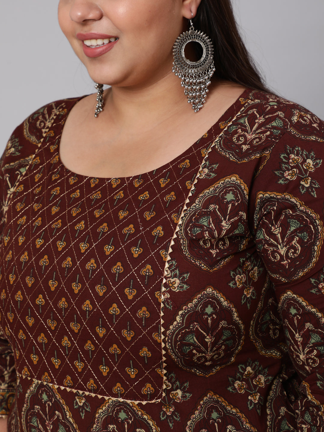 Plus Size Women Brown Printed Pure Cotton Kurta With Trousers & Dupatta | LASVINI - Redefining Indian Fashion with Elegance