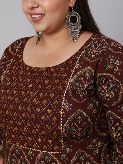 Plus Size Women Brown Printed Pure Cotton Kurta With Trousers & Dupatta | LASVINI - Redefining Indian Fashion with Elegance