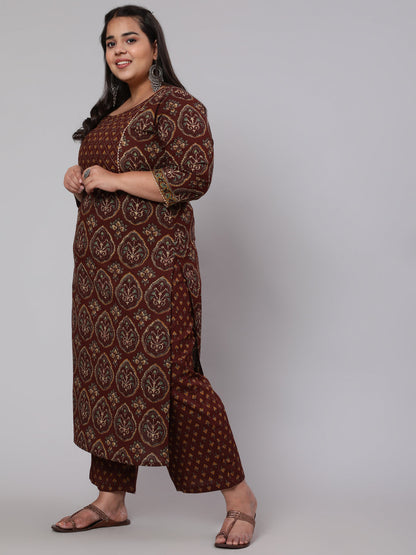 Plus Size Women Brown Printed Pure Cotton Kurta With Trousers & Dupatta | LASVINI - Redefining Indian Fashion with Elegance