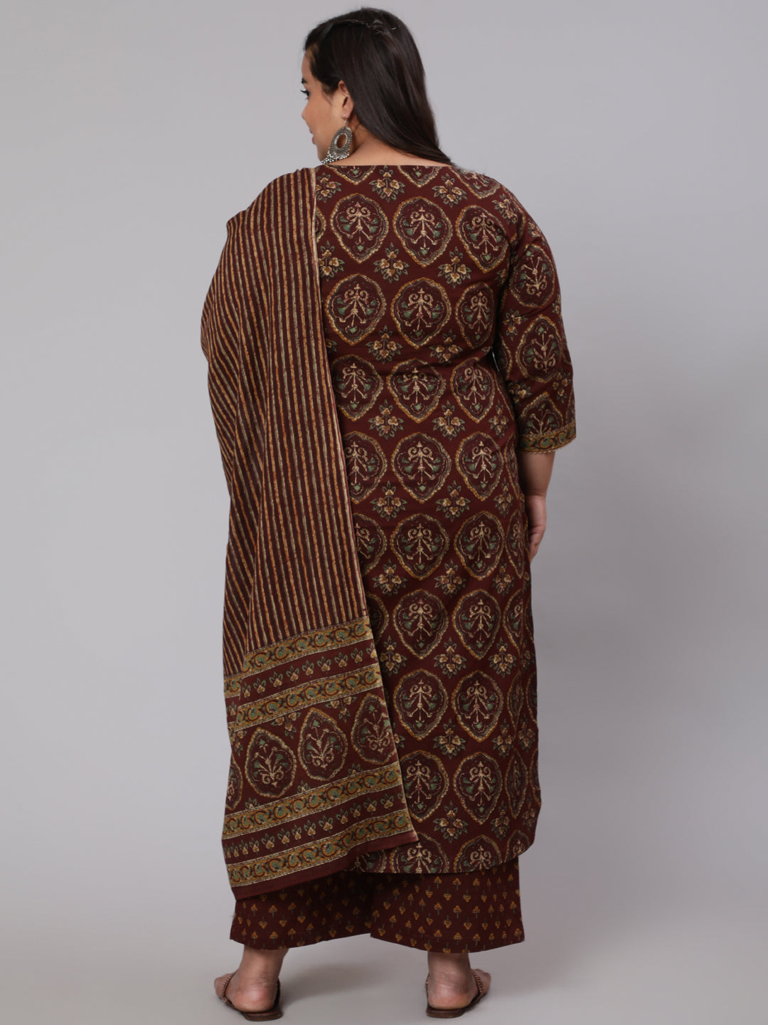 Plus Size Women Brown Printed Pure Cotton Kurta With Trousers & Dupatta | LASVINI - Redefining Indian Fashion with Elegance