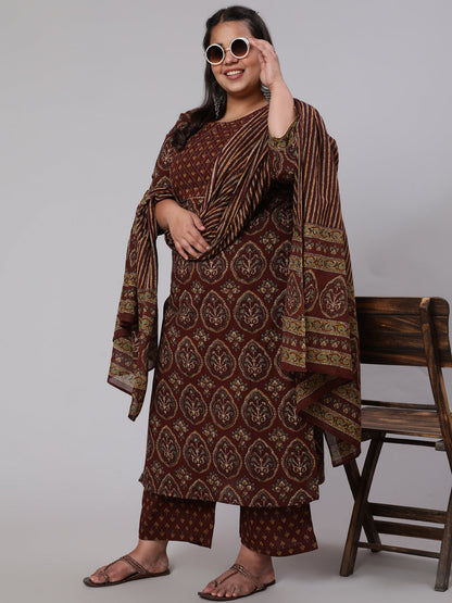 Plus Size Women Brown Printed Pure Cotton Kurta With Trousers & Dupatta | LASVINI - Redefining Indian Fashion with Elegance