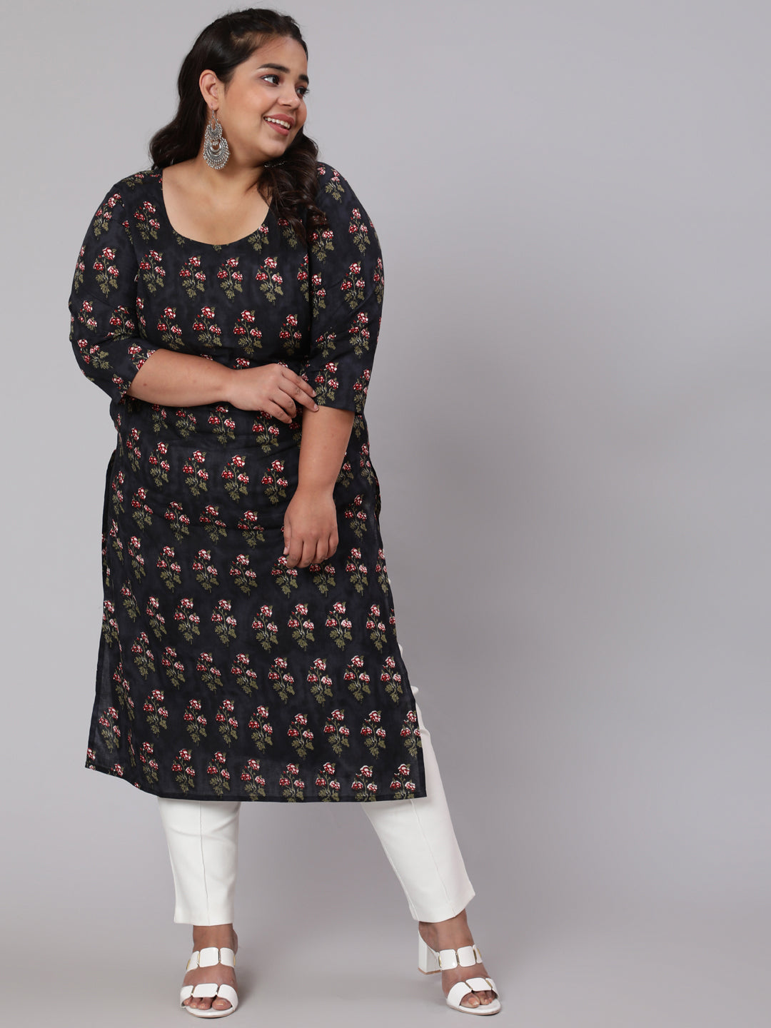 Women Plus Size Black Ethnic Printed Straight Kurta | LASVINI - Redefining Indian Fashion with Elegance
