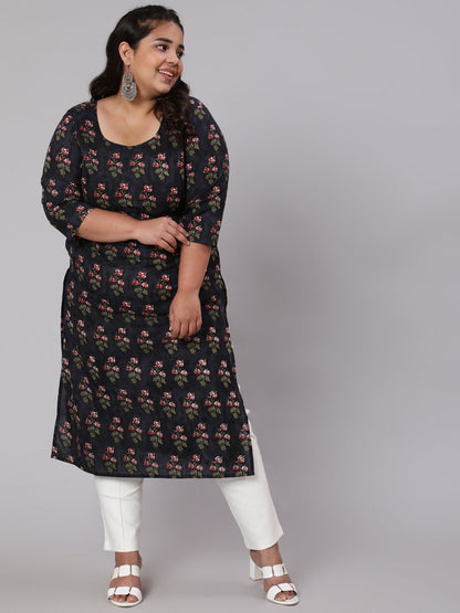 Women Plus Size Black Ethnic Printed Straight Kurta | LASVINI - Redefining Indian Fashion with Elegance