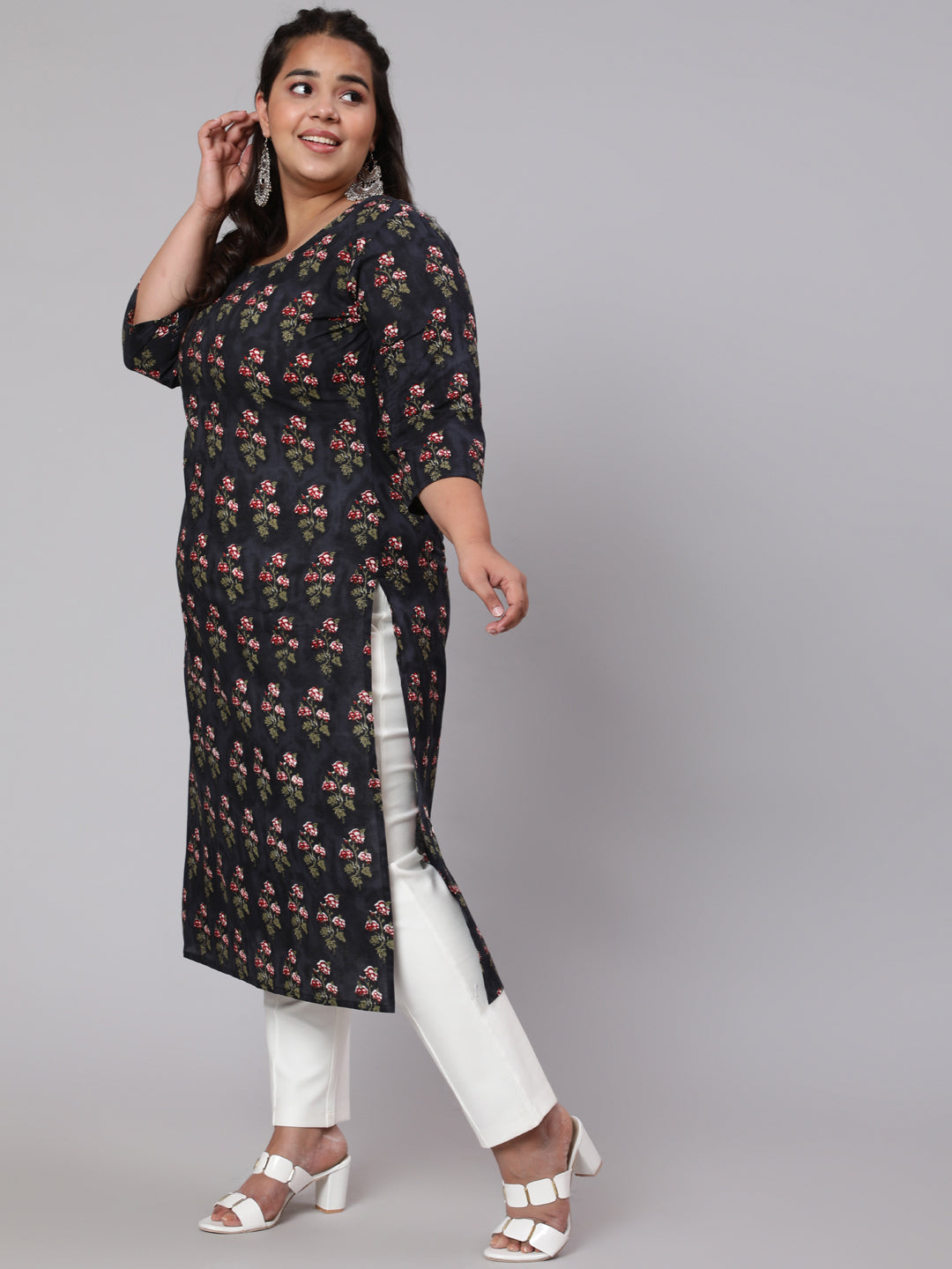 Women Plus Size Black Ethnic Printed Straight Kurta | LASVINI - Redefining Indian Fashion with Elegance