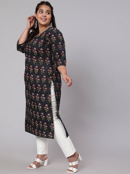 Women Plus Size Black Ethnic Printed Straight Kurta | LASVINI - Redefining Indian Fashion with Elegance