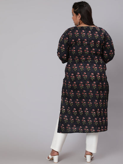 Women Plus Size Black Ethnic Printed Straight Kurta | LASVINI - Redefining Indian Fashion with Elegance