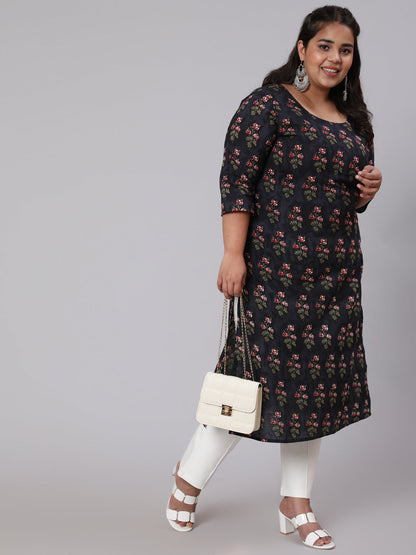 Women Plus Size Black Ethnic Printed Straight Kurta | LASVINI - Redefining Indian Fashion with Elegance