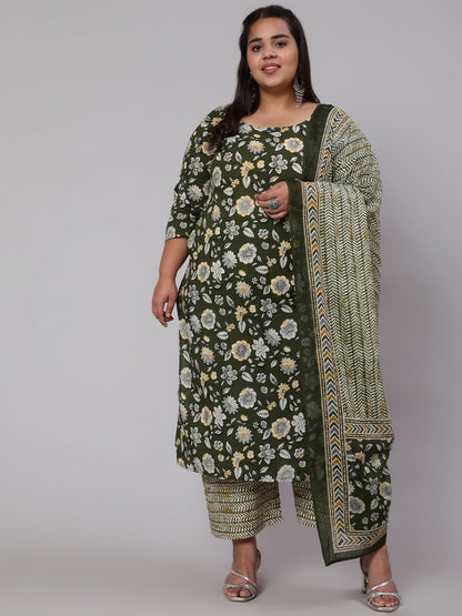 Womenplus Size Green Floral Printed Kurta And Palazzo With Dupatta | LASVINI - Redefining Indian Fashion with Elegance