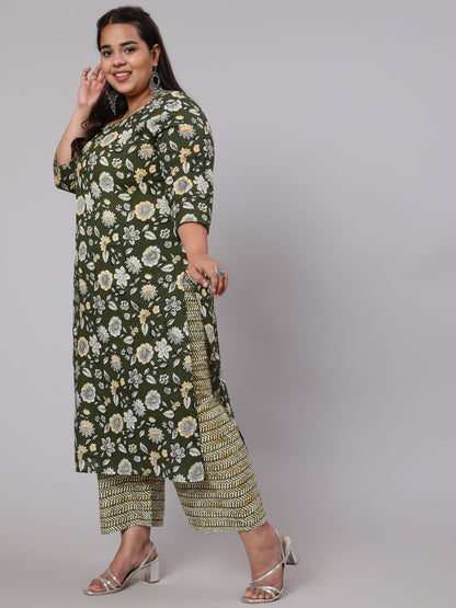 Womenplus Size Green Floral Printed Kurta And Palazzo With Dupatta | LASVINI - Redefining Indian Fashion with Elegance