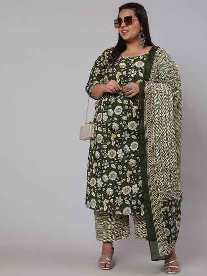 Womenplus Size Green Floral Printed Kurta And Palazzo With Dupatta | LASVINI - Redefining Indian Fashion with Elegance