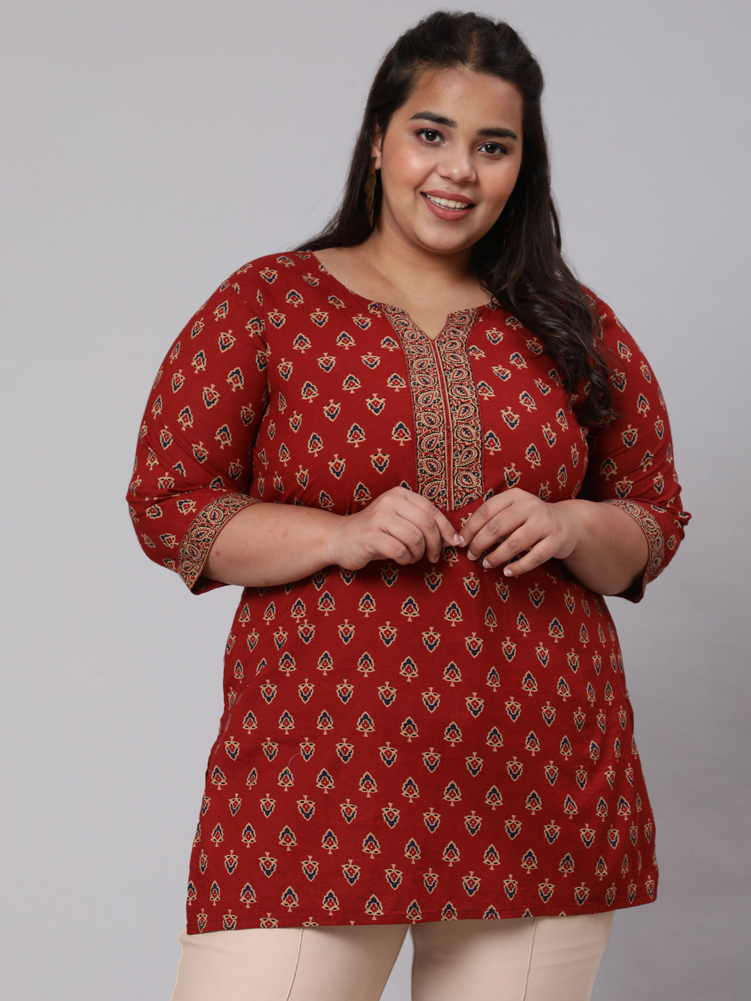 Women Plus Size Maroon Ethnic Tunic With Three Quarter Sleeves | LASVINI - Redefining Indian Fashion with Elegance