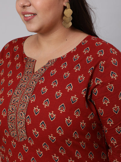 Women Plus Size Maroon Ethnic Tunic With Three Quarter Sleeves | LASVINI - Redefining Indian Fashion with Elegance