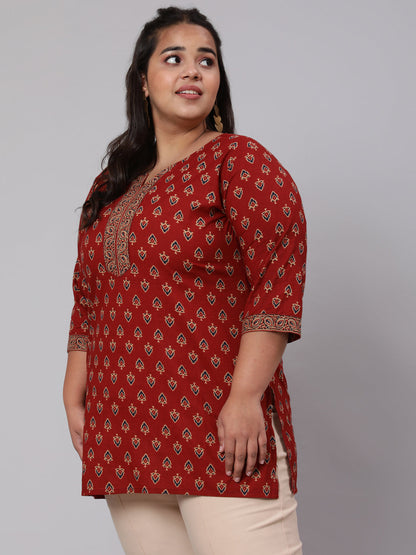 Women Plus Size Maroon Ethnic Tunic With Three Quarter Sleeves | LASVINI - Redefining Indian Fashion with Elegance