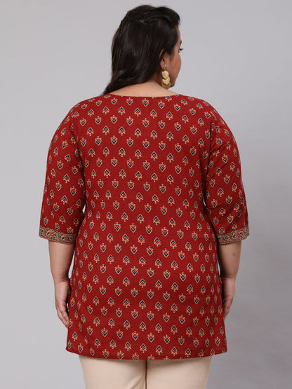 Women Plus Size Maroon Ethnic Tunic With Three Quarter Sleeves | LASVINI - Redefining Indian Fashion with Elegance