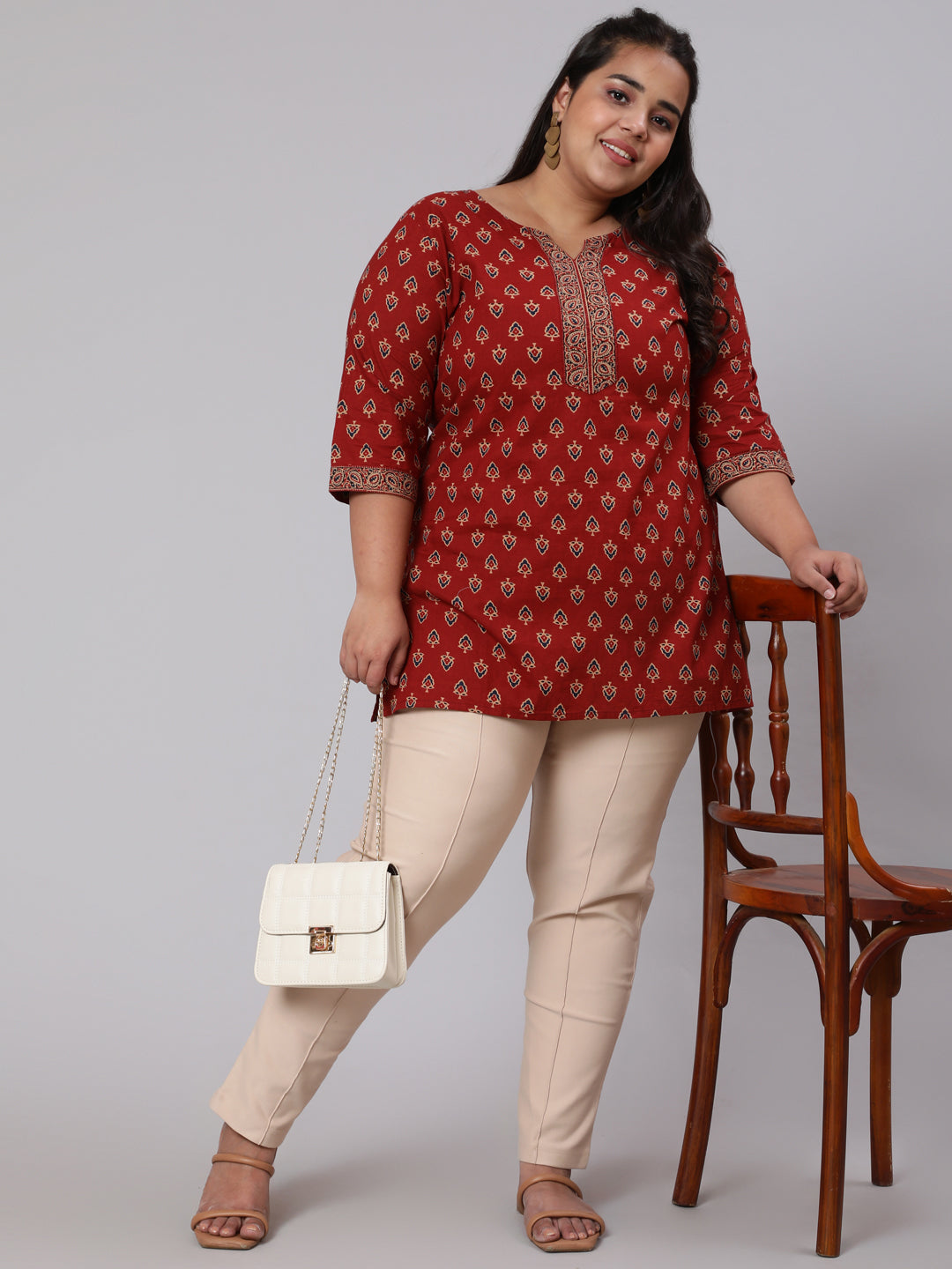 Women Plus Size Maroon Ethnic Tunic With Three Quarter Sleeves | LASVINI - Redefining Indian Fashion with Elegance