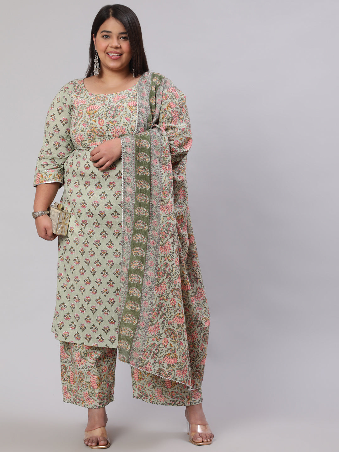 Women Plus Size Green Printed Kurta And Palazzo With Dupatta | LASVINI - Redefining Indian Fashion with Elegance