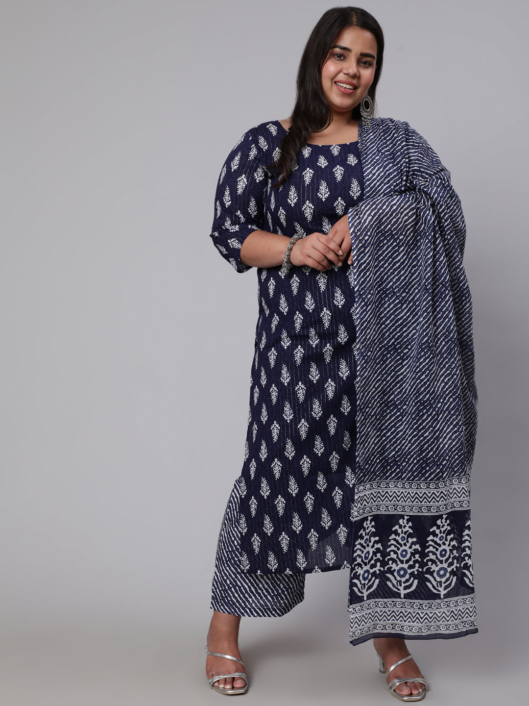 Women Plus Size Navy Blue Floral Printed Kurta And Palazzo With Dupatta | LASVINI - Redefining Indian Fashion with Elegance