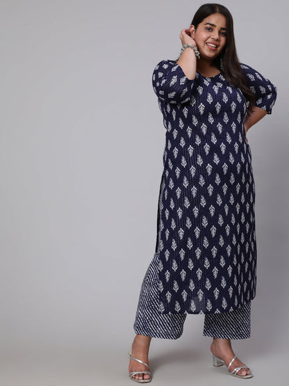 Women Plus Size Navy Blue Floral Printed Kurta And Palazzo With Dupatta | LASVINI - Redefining Indian Fashion with Elegance