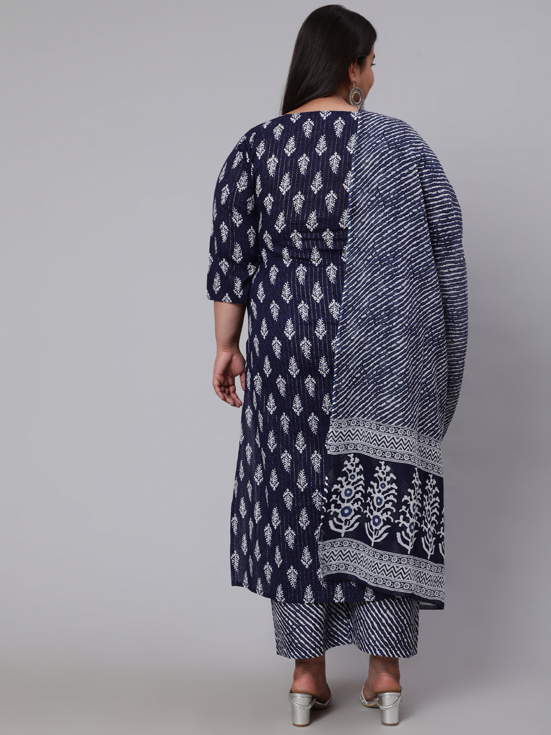 Women Plus Size Navy Blue Floral Printed Kurta And Palazzo With Dupatta | LASVINI - Redefining Indian Fashion with Elegance