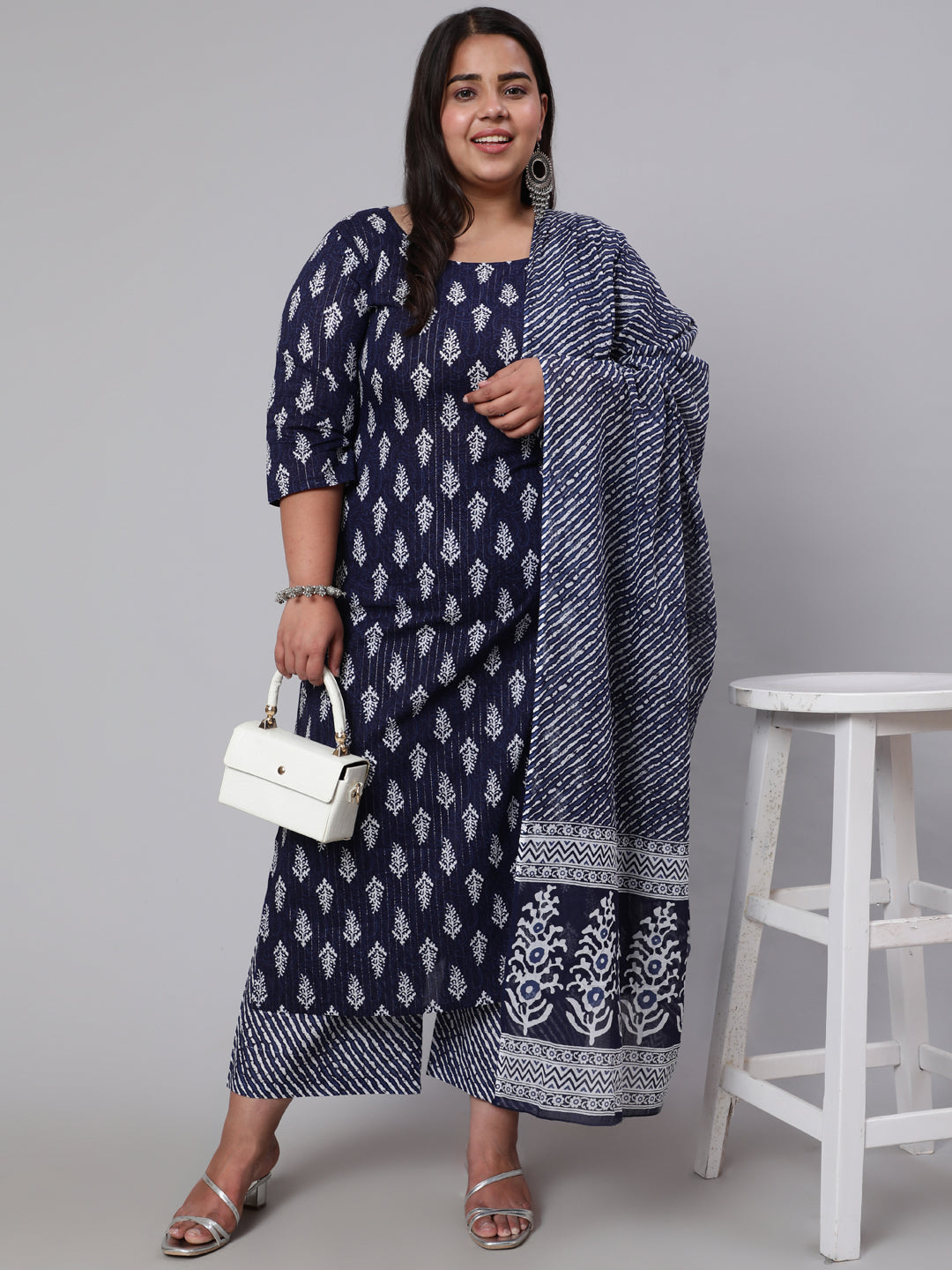 Women Plus Size Navy Blue Floral Printed Kurta And Palazzo With Dupatta | LASVINI - Redefining Indian Fashion with Elegance
