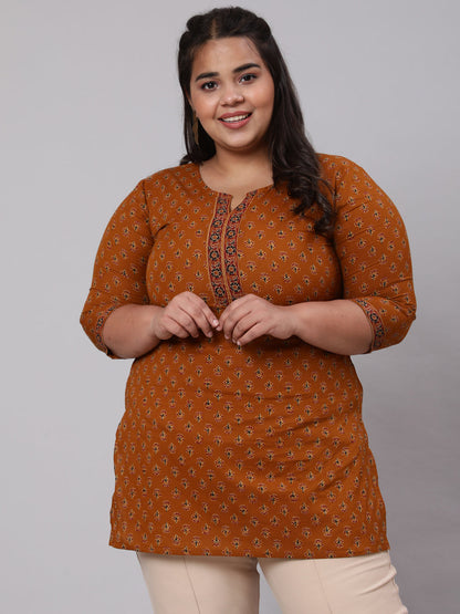 Women Plus Size Mustard Ethnic Tunic With Three Quarter Sleeves | LASVINI - Redefining Indian Fashion with Elegance