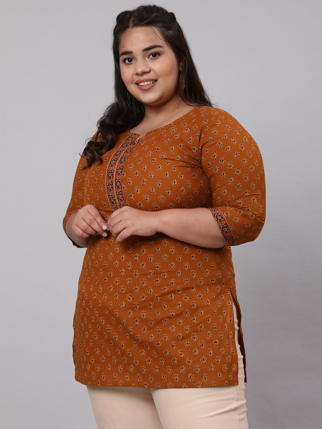 Women Plus Size Mustard Ethnic Tunic With Three Quarter Sleeves | LASVINI - Redefining Indian Fashion with Elegance