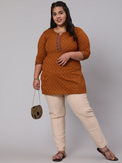 Women Plus Size Mustard Ethnic Tunic With Three Quarter Sleeves | LASVINI - Redefining Indian Fashion with Elegance