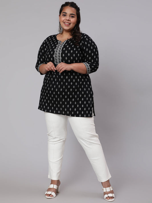 Women Plus Size Black Printed Tunic With Three Quarter Sleeves | LASVINI - Redefining Indian Fashion with Elegance