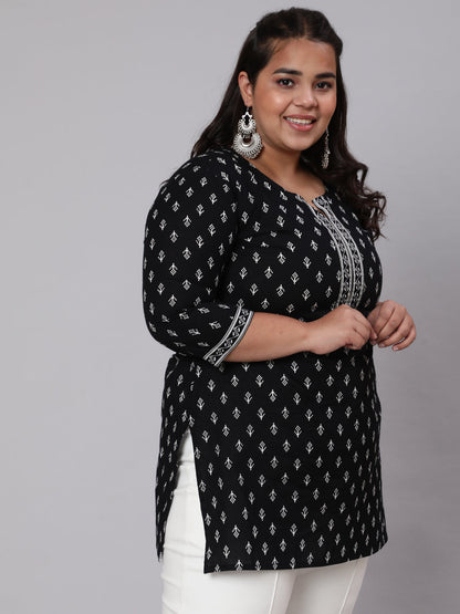 Women Plus Size Black Printed Tunic With Three Quarter Sleeves | LASVINI - Redefining Indian Fashion with Elegance