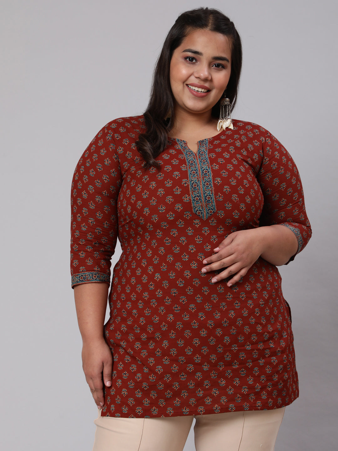 Women Plus Size Maroon Ethnic Tunic With Three Quarter Sleeves | LASVINI - Redefining Indian Fashion with Elegance