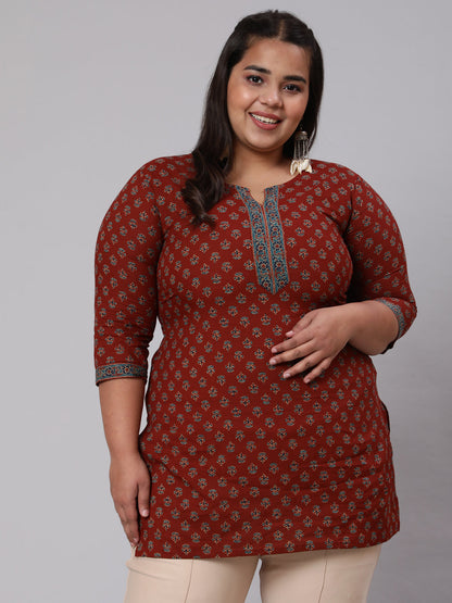 Women Plus Size Maroon Ethnic Tunic With Three Quarter Sleeves | LASVINI - Redefining Indian Fashion with Elegance