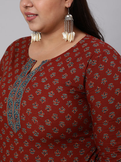 Women Plus Size Maroon Ethnic Tunic With Three Quarter Sleeves | LASVINI - Redefining Indian Fashion with Elegance