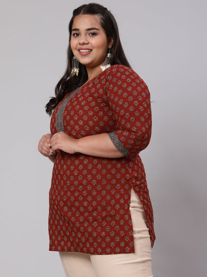 Women Plus Size Maroon Ethnic Tunic With Three Quarter Sleeves | LASVINI - Redefining Indian Fashion with Elegance