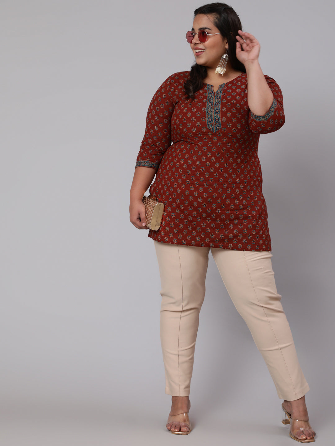 Women Plus Size Maroon Ethnic Tunic With Three Quarter Sleeves | LASVINI - Redefining Indian Fashion with Elegance