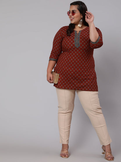 Women Plus Size Maroon Ethnic Tunic With Three Quarter Sleeves | LASVINI - Redefining Indian Fashion with Elegance