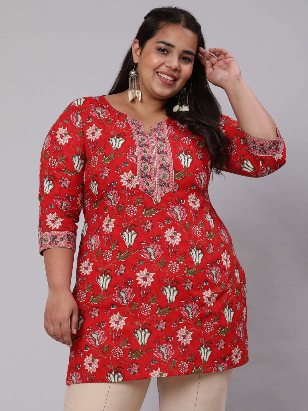 Women Plus Size Red Ethnic Tunic With Three Quarter Sleeves | LASVINI - Redefining Indian Fashion with Elegance