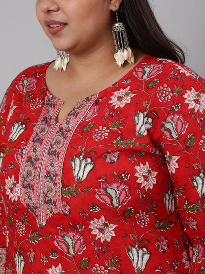 Women Plus Size Red Ethnic Tunic With Three Quarter Sleeves | LASVINI - Redefining Indian Fashion with Elegance