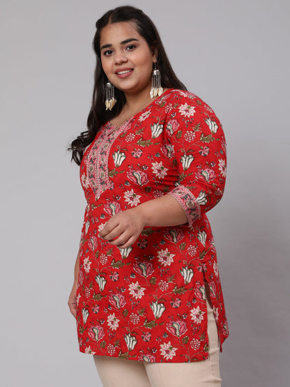 Women Plus Size Red Ethnic Tunic With Three Quarter Sleeves | LASVINI - Redefining Indian Fashion with Elegance