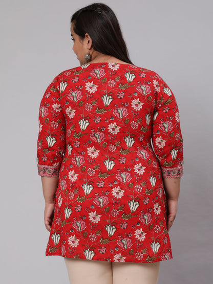 Women Plus Size Red Ethnic Tunic With Three Quarter Sleeves | LASVINI - Redefining Indian Fashion with Elegance