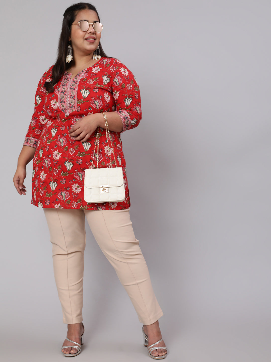 Women Plus Size Red Ethnic Tunic With Three Quarter Sleeves | LASVINI - Redefining Indian Fashion with Elegance