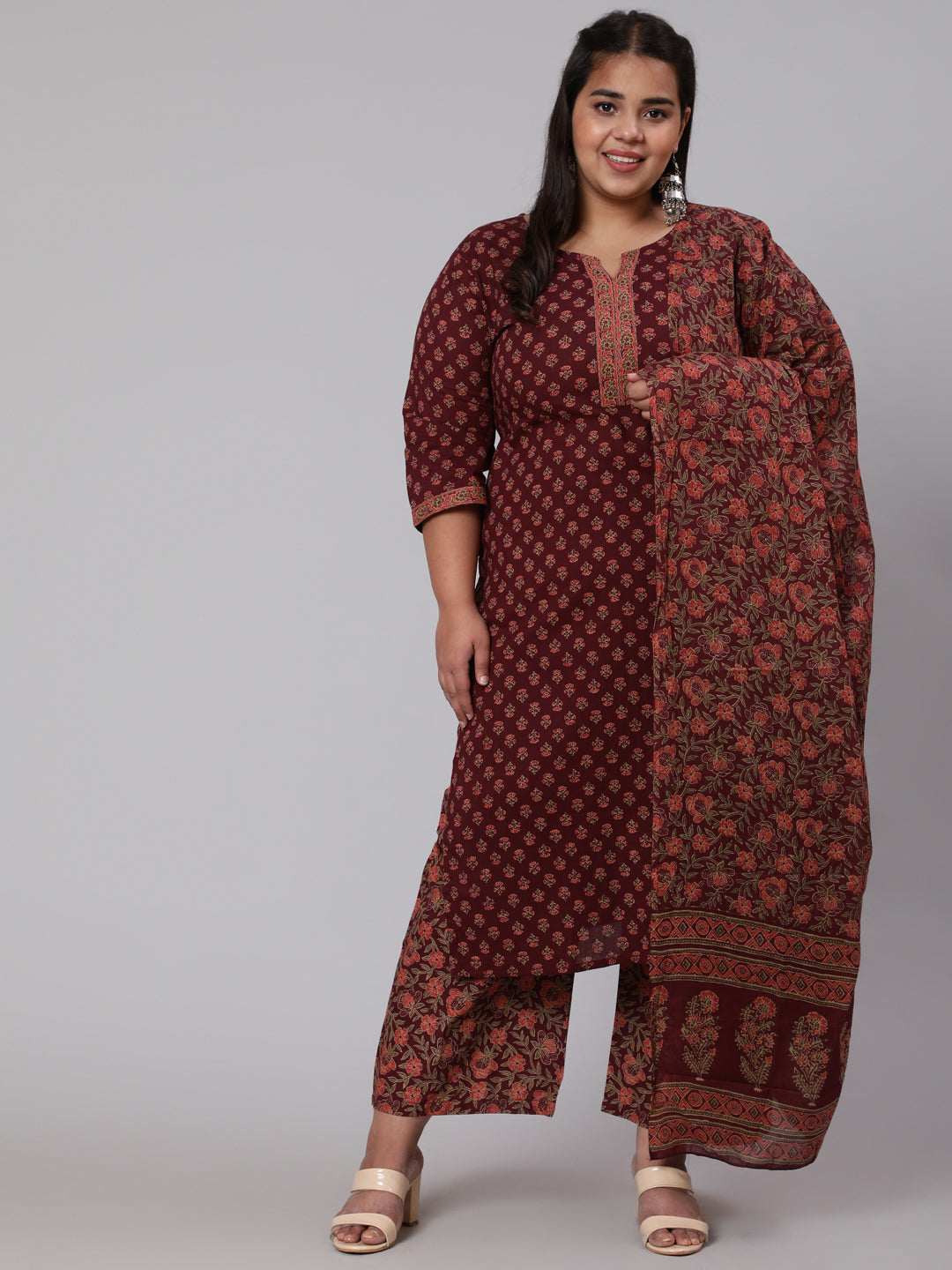 Women Plus Size Burgundy Printed Straight Kurta With Plazo & Dupatta | LASVINI - Redefining Indian Fashion with Elegance