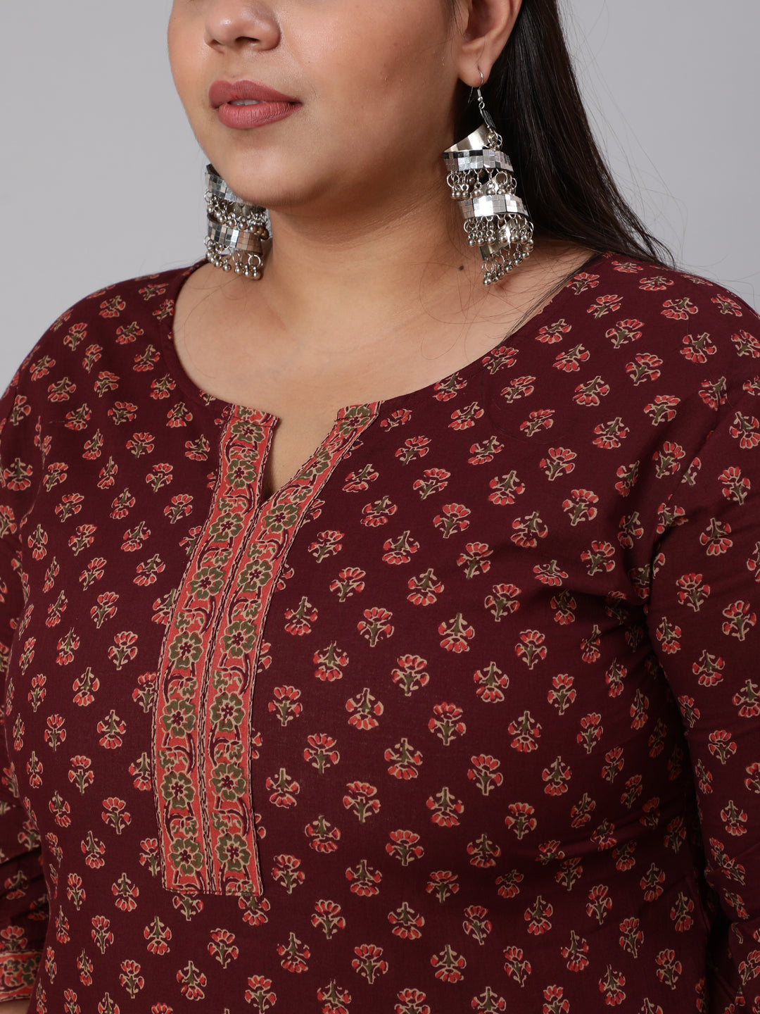 Women Plus Size Burgundy Printed Straight Kurta With Plazo & Dupatta | LASVINI - Redefining Indian Fashion with Elegance