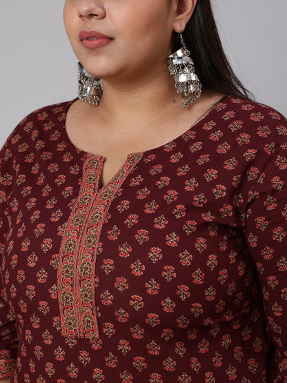 Women Plus Size Burgundy Printed Straight Kurta With Plazo & Dupatta | LASVINI - Redefining Indian Fashion with Elegance