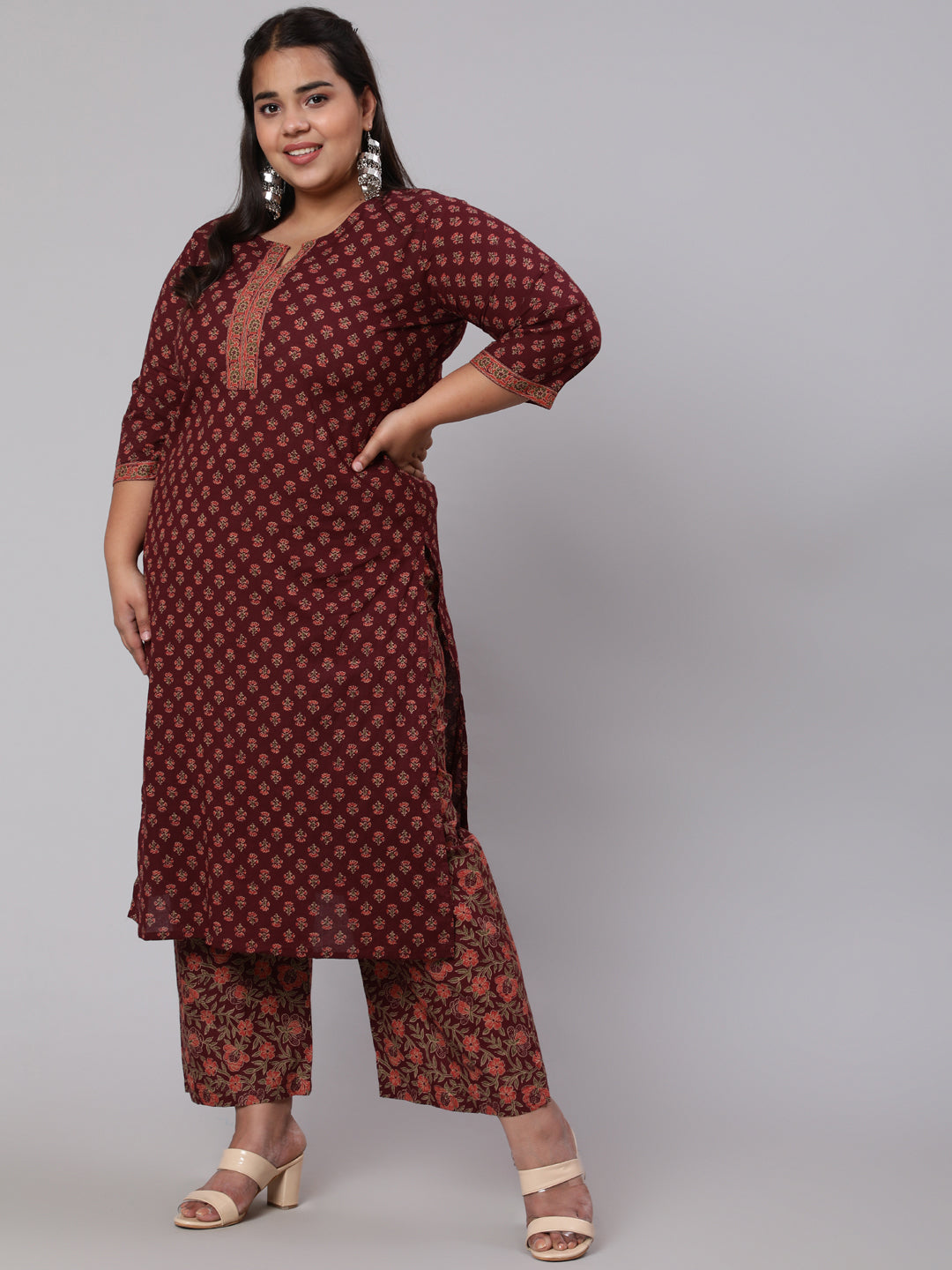 Women Plus Size Burgundy Printed Straight Kurta With Plazo & Dupatta | LASVINI - Redefining Indian Fashion with Elegance