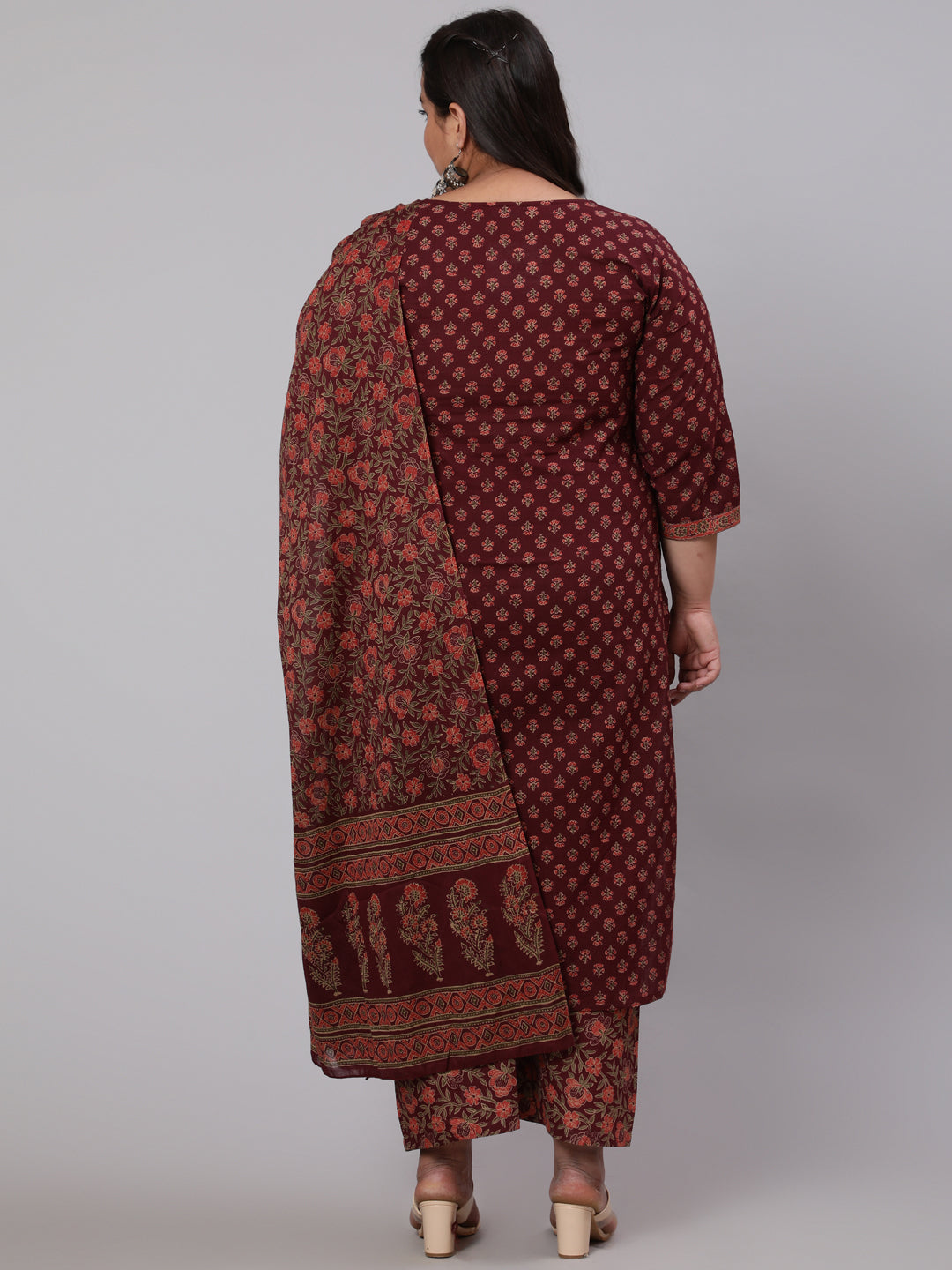 Women Plus Size Burgundy Printed Straight Kurta With Plazo & Dupatta | LASVINI - Redefining Indian Fashion with Elegance