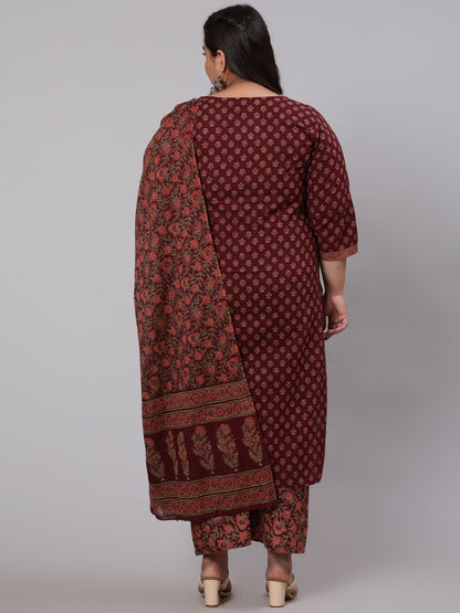 Women Plus Size Burgundy Printed Straight Kurta With Plazo & Dupatta | LASVINI - Redefining Indian Fashion with Elegance