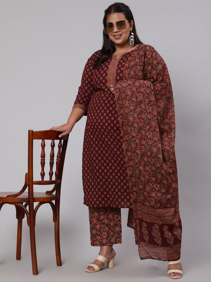 Women Plus Size Burgundy Printed Straight Kurta With Plazo & Dupatta | LASVINI - Redefining Indian Fashion with Elegance