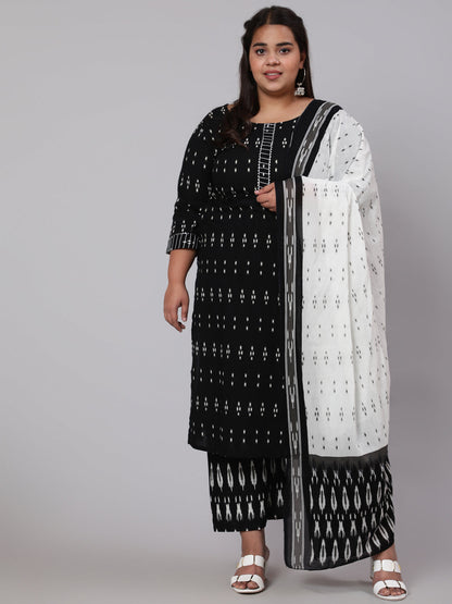 Women Plus Size Black Printed Straight Kurta With Plazo & Dupatta | LASVINI - Redefining Indian Fashion with Elegance