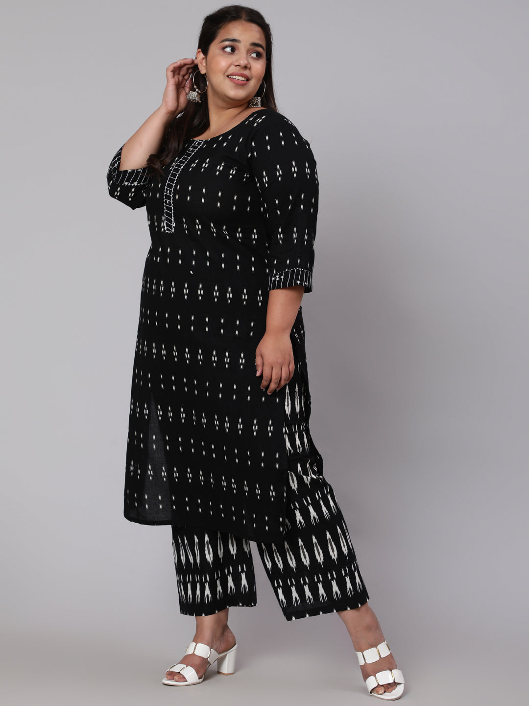 Women Plus Size Black Printed Straight Kurta With Plazo & Dupatta | LASVINI - Redefining Indian Fashion with Elegance